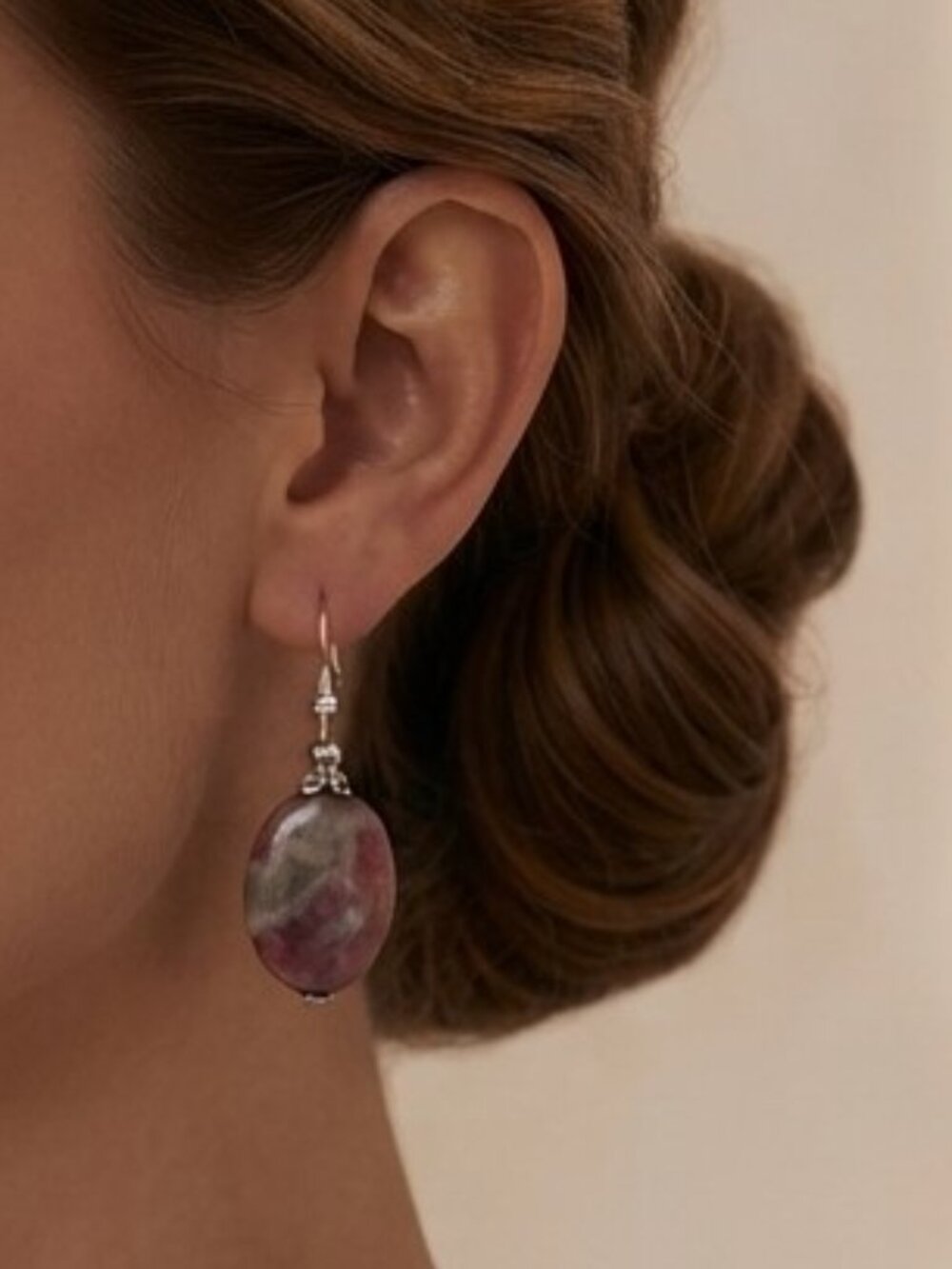 Rhodochrosite Gemstone Earrings Pink Gray